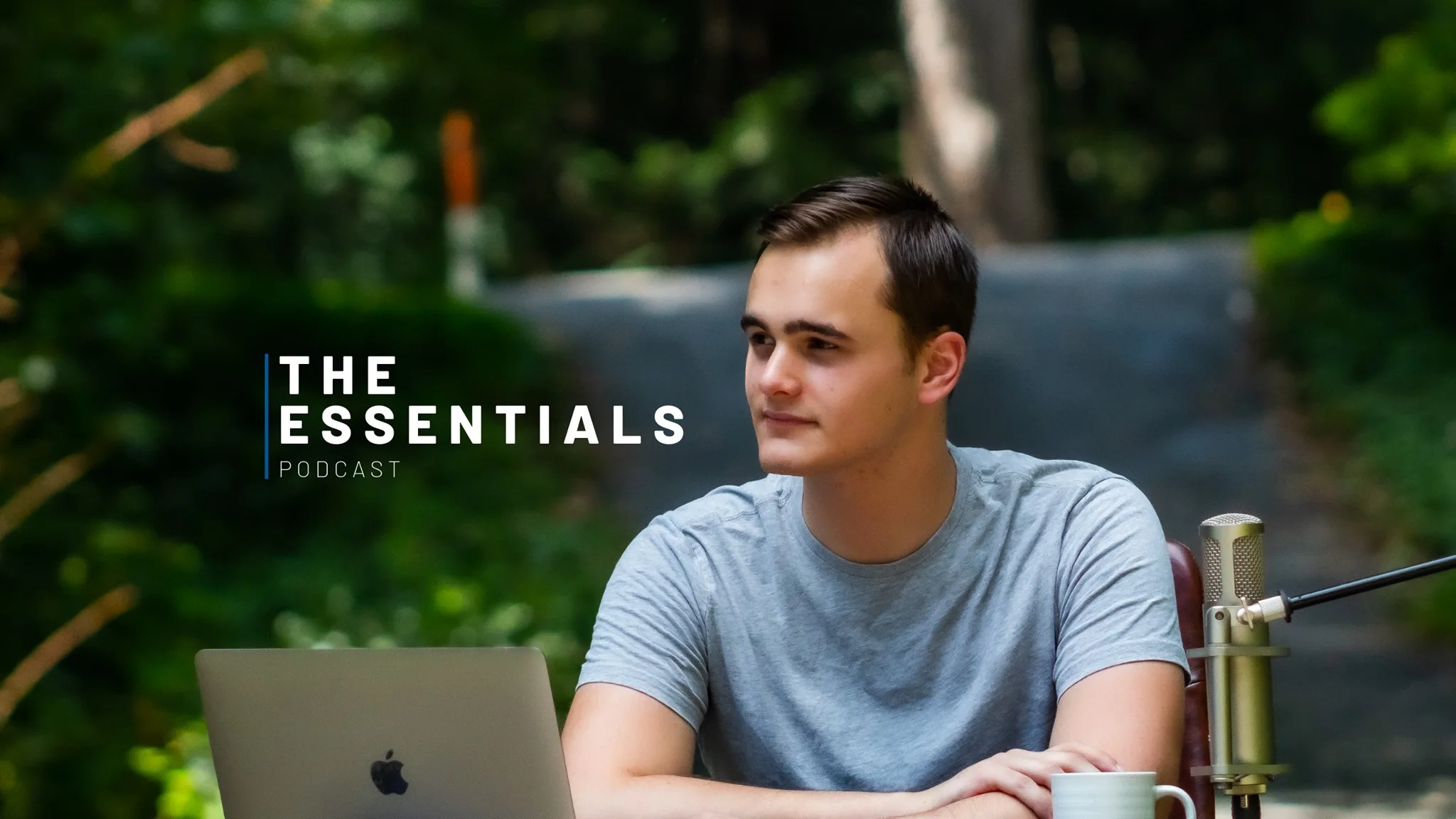 Devin recording The Essentials podcast